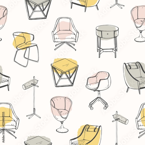 Modern seamless pattern with stylish furniture drawn with contour lines on colored stains and white background. Backdrop with trendy furnishings. Realistic vector illustration for textile print.