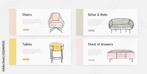 Bundle of web banner templates with various types of cozy furnishings in trendy Scandic style and place for text. Colorful hand drawn vector illustration for furniture shop advertisement, promotion.