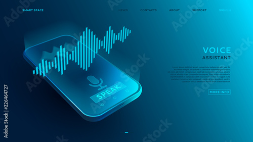 Voice recognition modern concept. Equalizer sound wave on the smart phone. Landing page with Personal assistant concept. Vector illustration.
