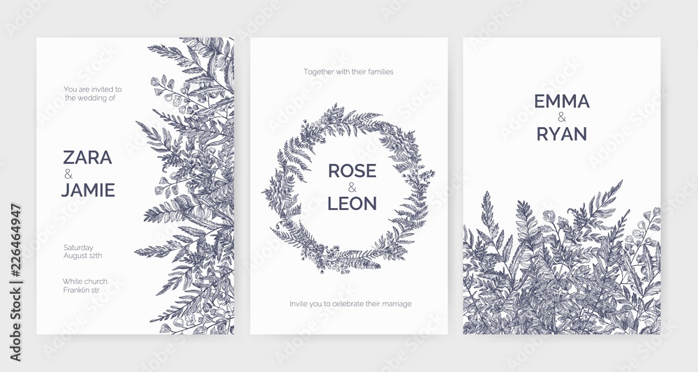 Set of trendy wedding invitation templates decorated with elegant ferns, wild herbs and herbaceous plants on white background. Monochrome hand drawn vector illustration in gorgeous retro style.