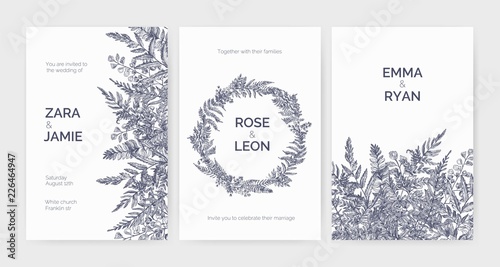 Set of trendy wedding invitation templates decorated with elegant ferns  wild herbs and herbaceous plants on white background. Monochrome hand drawn vector illustration in gorgeous retro style.