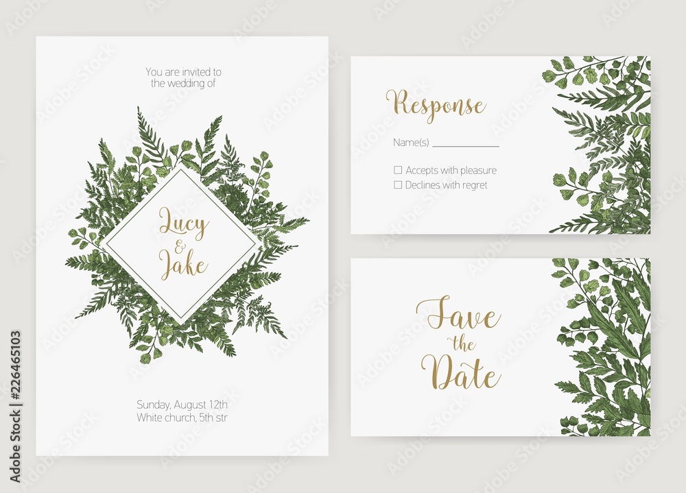 Collection of romantic wedding invitation, Save The Date and response card templates decorated with green forest ferns and wild herbaceous plants. Natural realistic hand drawn vector illustration.