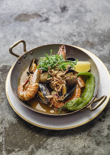 Seafood pile served in wok