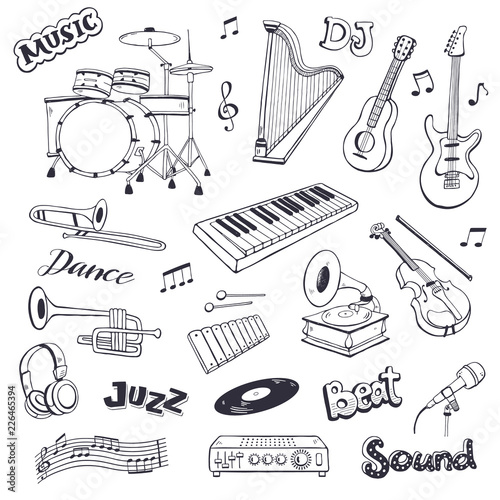 Hand drawn musical instruments isolated on white background. Doodle music elements vector illustration. Musical equipments in sketch style.