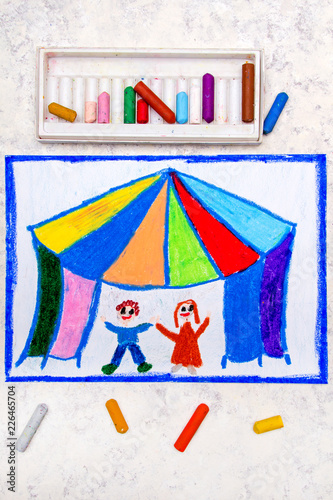 Colorful and drawing: Circus tent and happy children