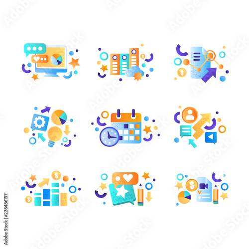 Business elements set, office tools, management, finance, strategy, marketing symbols vector Illustration on a white background