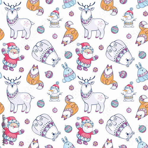 Christmas seamless pattern with Santa Claus, snowman and cute animals. Childhood vector background in ethnic style.