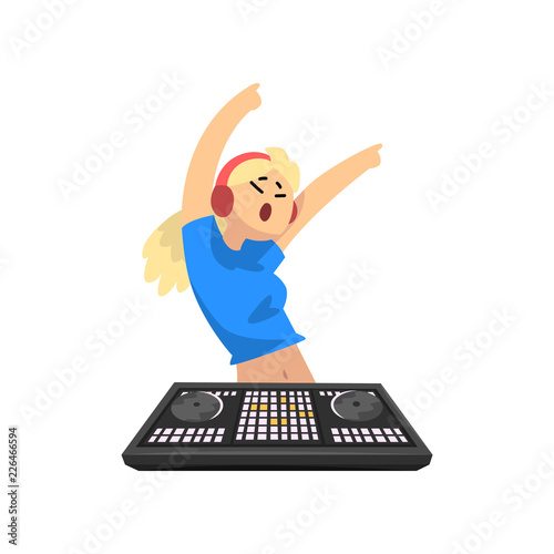 DJ girl in headphones dancing before mixer console deck vector Illustration on a white background
