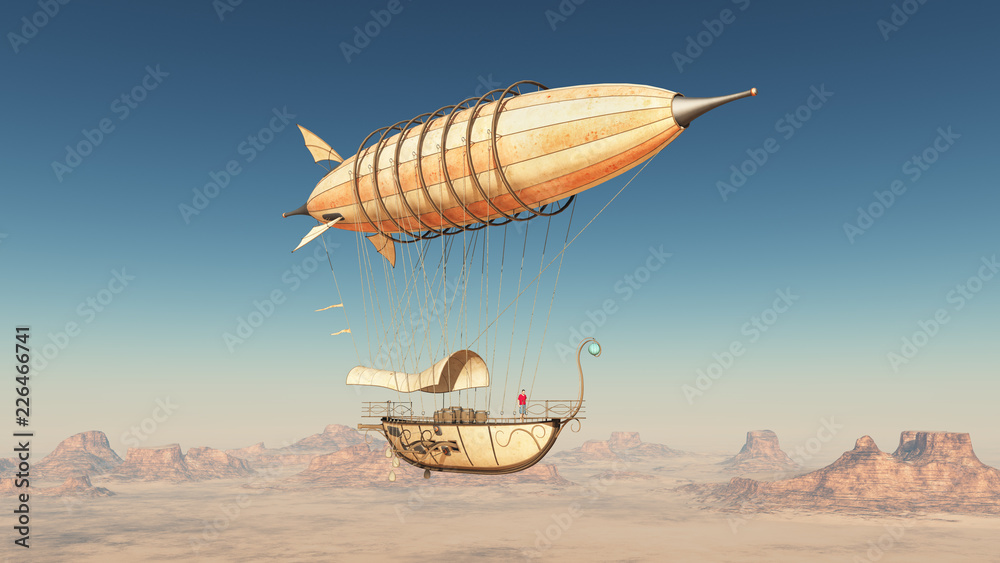 Fantasie Luftschiff über einer Wüste - obrazy, fototapety, plakaty 