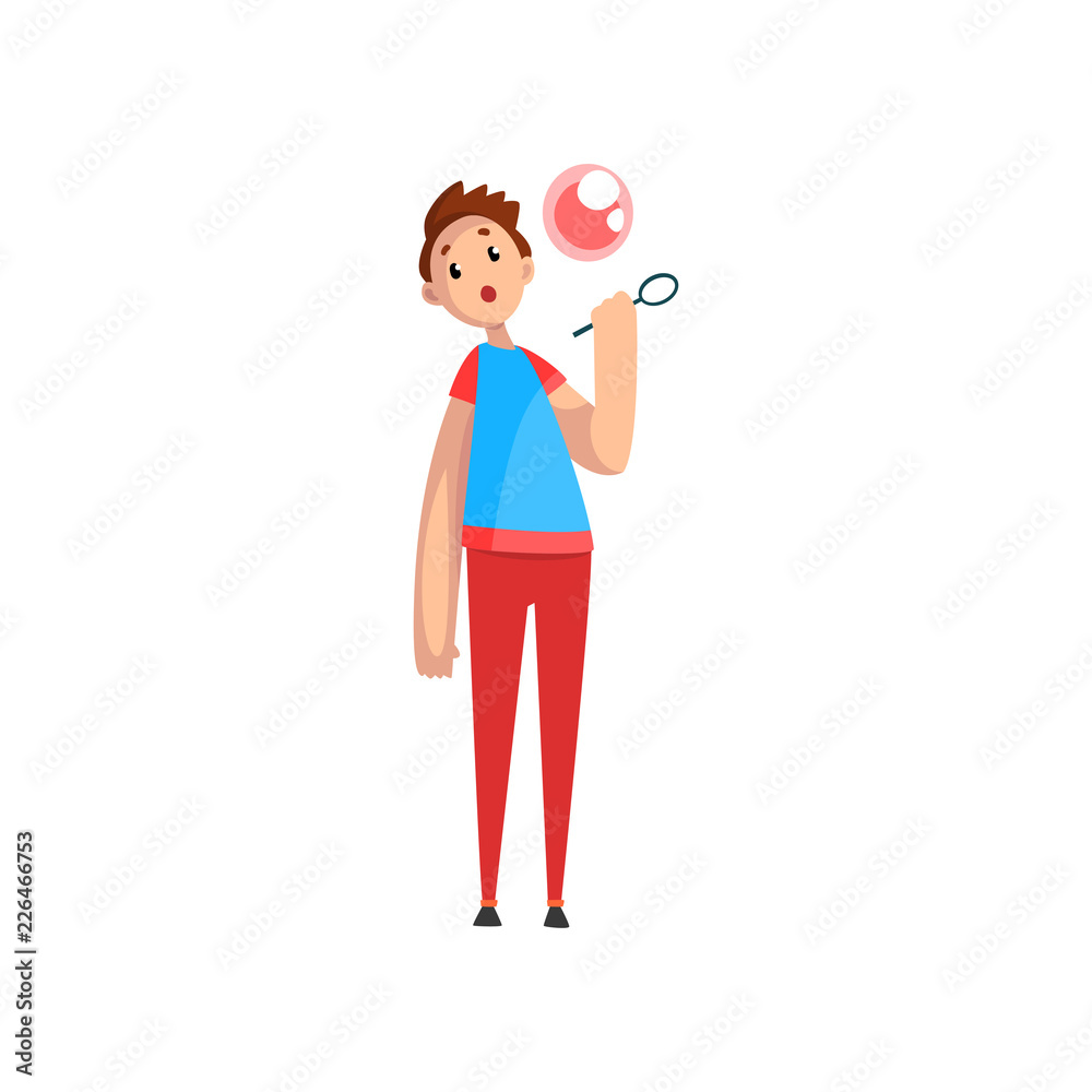 Teen boy blowing soap bubble with ring cartoon vector Illustration d on a white background