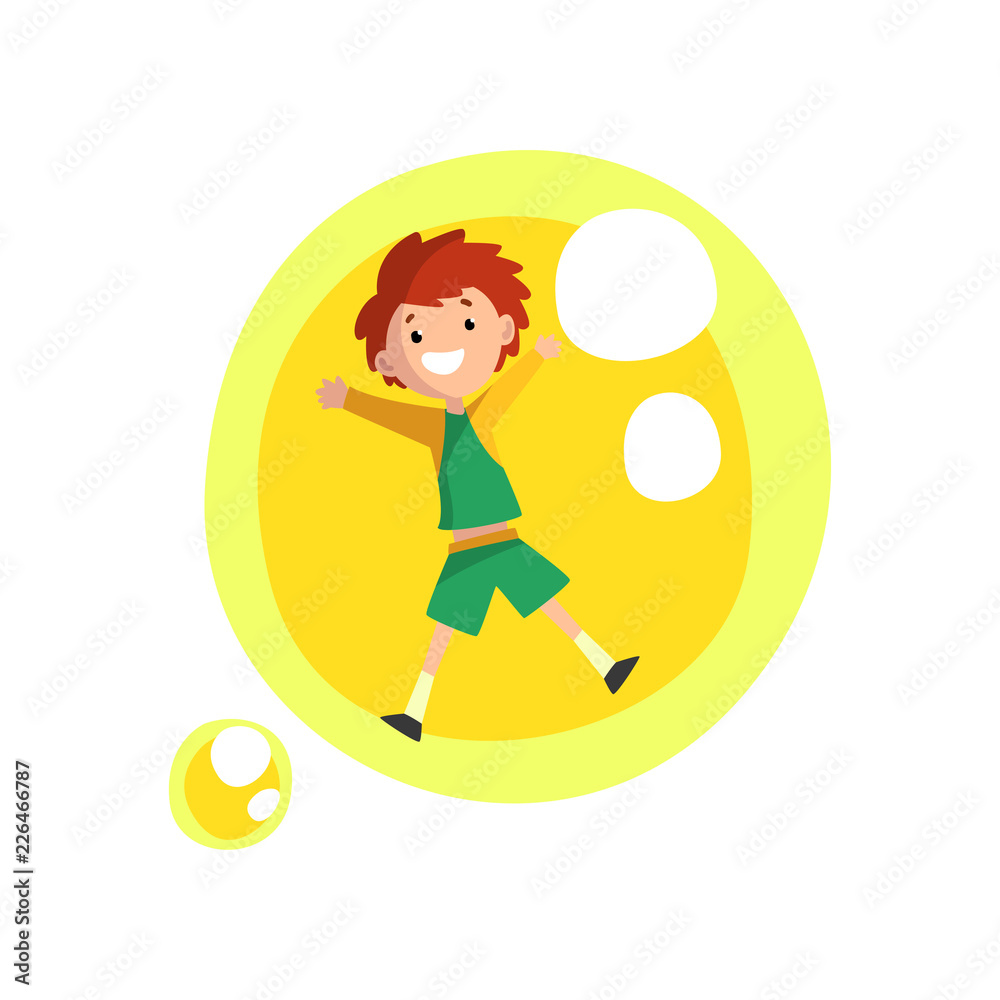 Cute smiling boy having fun inside a giant yellow soap bubble cartoon vector Illustration on a white background Cute smiling boy having fun inside a giant yellow soap bubble cartoon vector Illustration on a white background