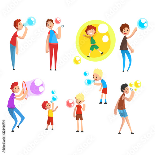 Adults and children blowing soap bubbles, people having fun cartoon vector Illustration on a white background