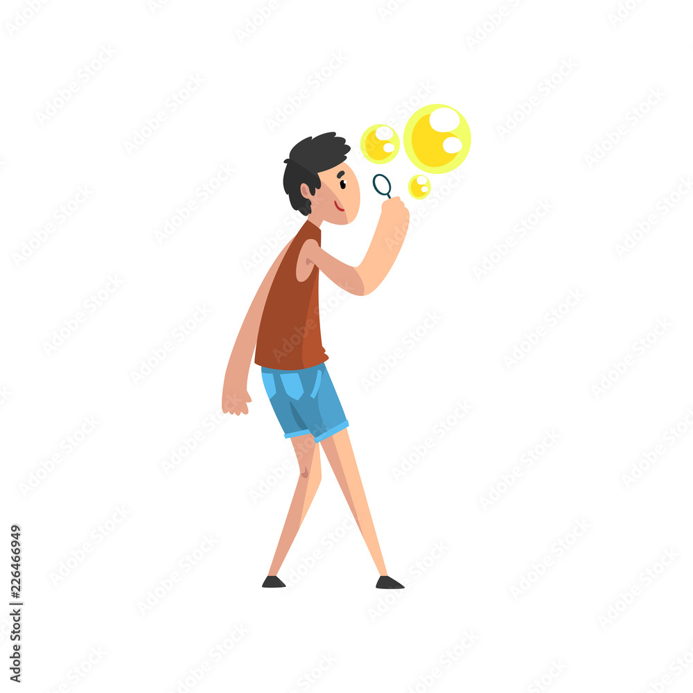 Teen boy blowing soap bubbles, teenager having fun cartoon vector Illustration on a white background Teen boy blowing soap bubbles, teenager having fun cartoon vector Illustration on a white background