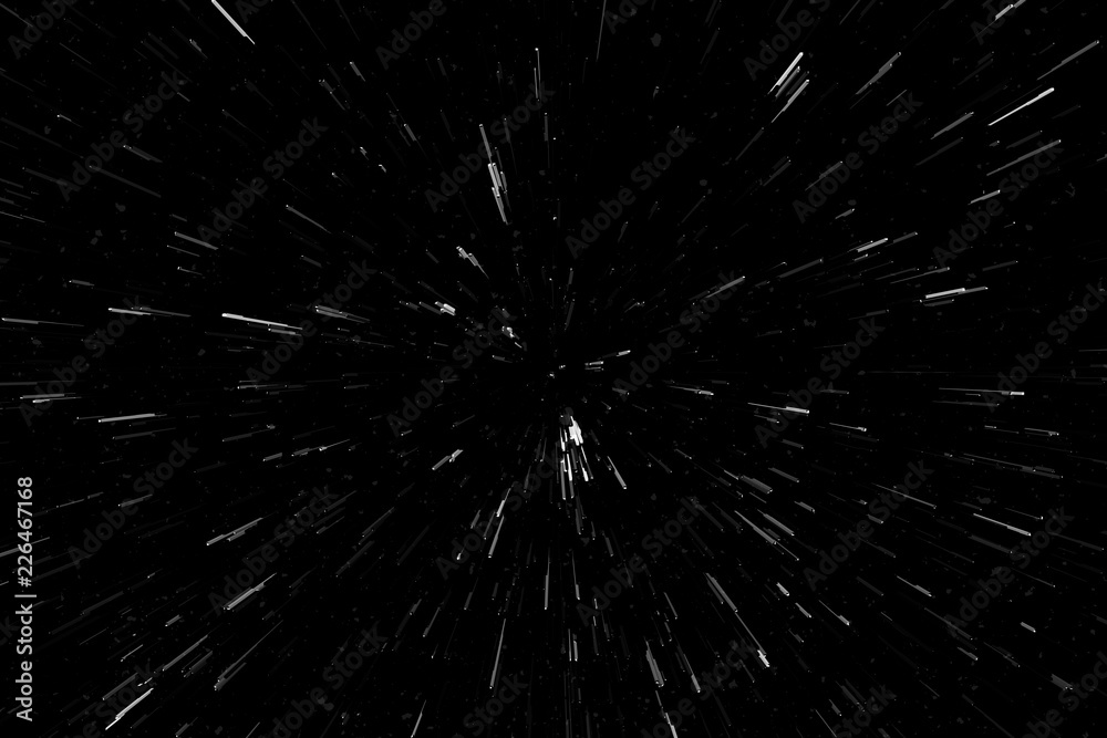 Obraz premium Bokeh white lines on black background, abstraction, abstract speed light motion blur texture, particle or space traveling, black and white extrusion effect