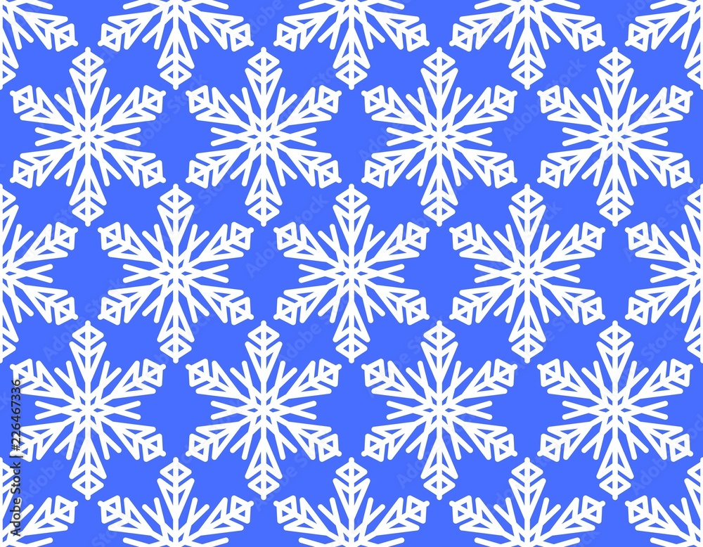 Seamless winter background with snowflake motif, white snowflakes on vivid blue background, vector background