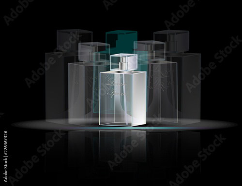 Advertising of men's perfumery products. Bottles of toilet water on a black background.