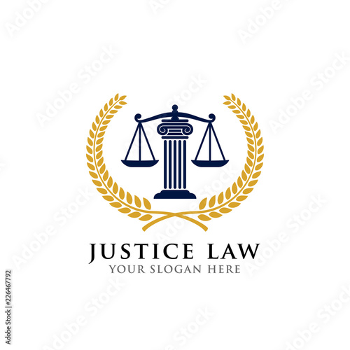 emblem of justice law logo design template. attorney logo vector design. scales and pillar of justice vector illustration