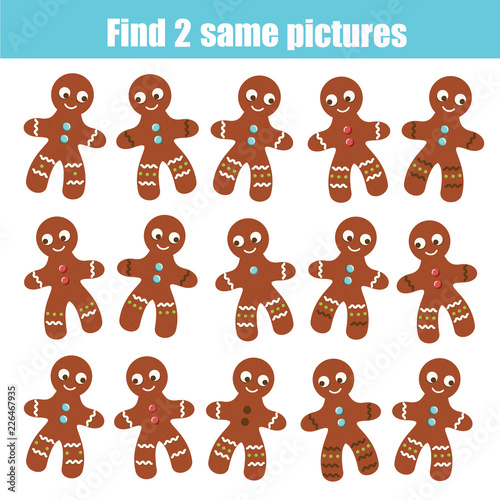 Find the same pictures children educational game. Find two identical Christmas cookies
