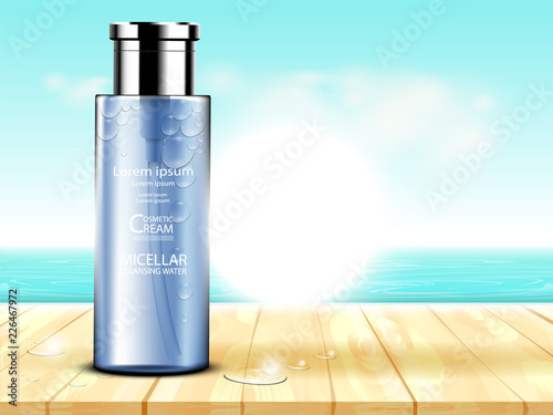 Luxury cosmetic Bottle package skin care cream, Beauty cosmetic product poster, with wooden floor and sunlight beach background