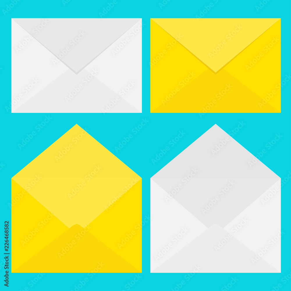 Email icon. White and yellow paper envelope set. Letter template. New message sign symbol. Unread notification. Flat design. Blue background. Isolated. Email icon. White and yellow paper envelope set. Letter template. New message sign symbol. Unread notification. Flat design. Blue background. Isolated.