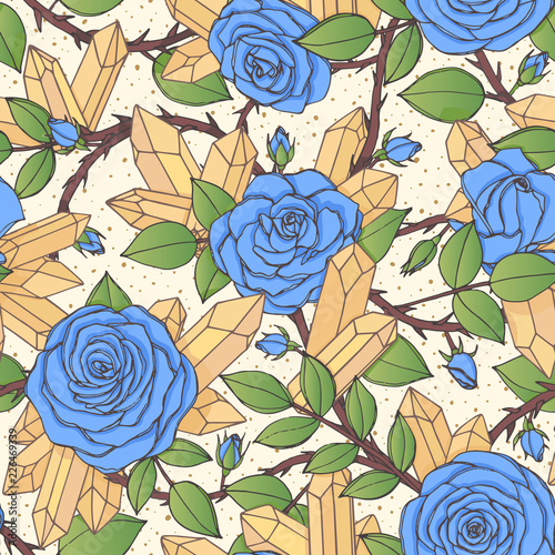 Vector hand drawn seamless pattern of blue rose flowers with buds, leaves, thorny stems and yellow quartz crystals on beige dotted background. Floral ornament of blossoms with gemstones.