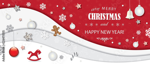 Christmas and happy new year winter background. 3d paper cutout layers with decorative elements.
