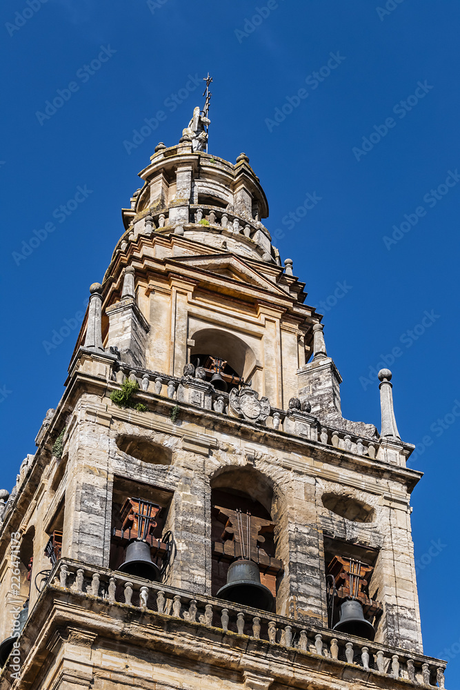 Bell tower of Mosque-Cathedral of Cordoba (Mezquita-Catedral de Cordoba), also known as Great Mosque (from 785) of Cordoba or Mezquita, monuments of Moorish architecture. Andalusia, Cordoba, Spain.