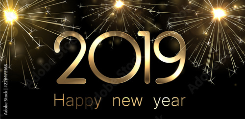 Happy New Year 2019 banner with golden sparkling firework.