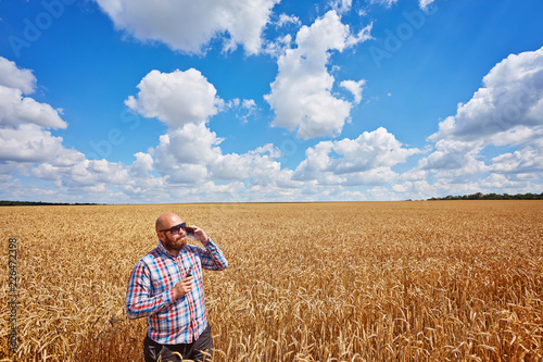 farmer smokes electronic cigarette and call in a ripe field of wheat with blue sky © Ryzhkov Oleksandr