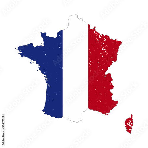 France country silhouette with flag on background, isolated on white