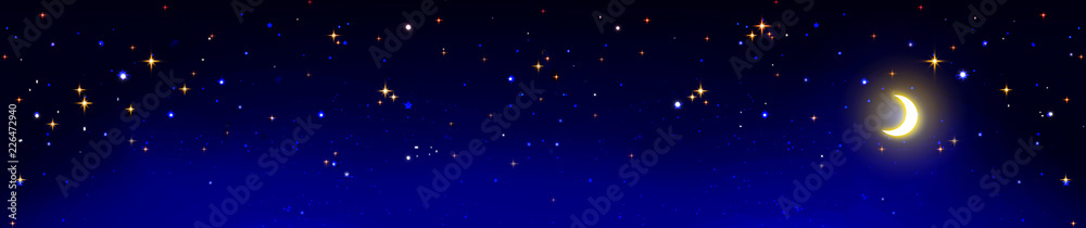 Christmas sky background with stars and big moon.