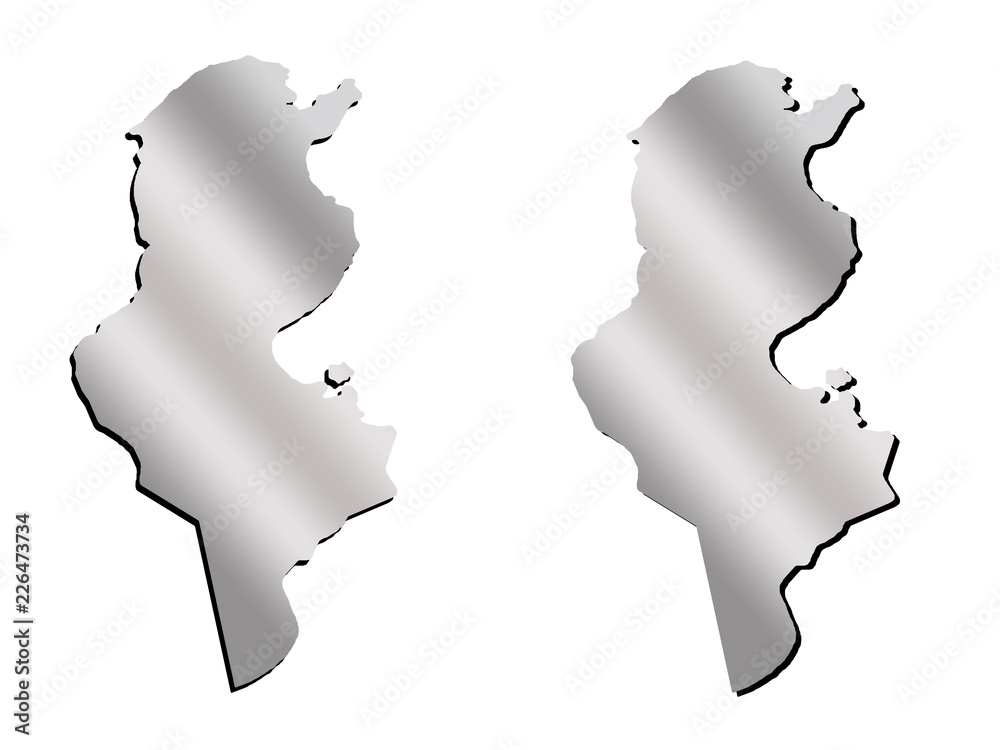Tunisia illustration of a contour map with metallic gradient and black shadow on white isolated background