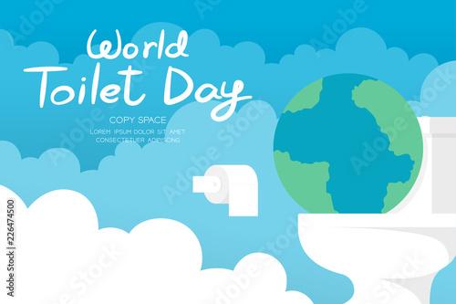 World toilet day 19 November horizon Banner set, Sanitary problem concept earth with flush toilet illustration on sky and cloud background with copy space, vector eps 10