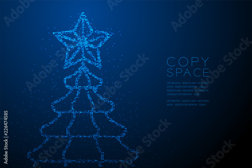 Abstract Geometric Bokeh circle dot pixel pattern Christmas tree with star shape, Happy New Year celebration concept design blue color illustration isolated on blue gradient background with copy space
