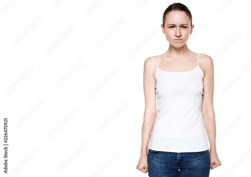 Young woman sad and angry having problem on white Young woman sad and angry having problem on white