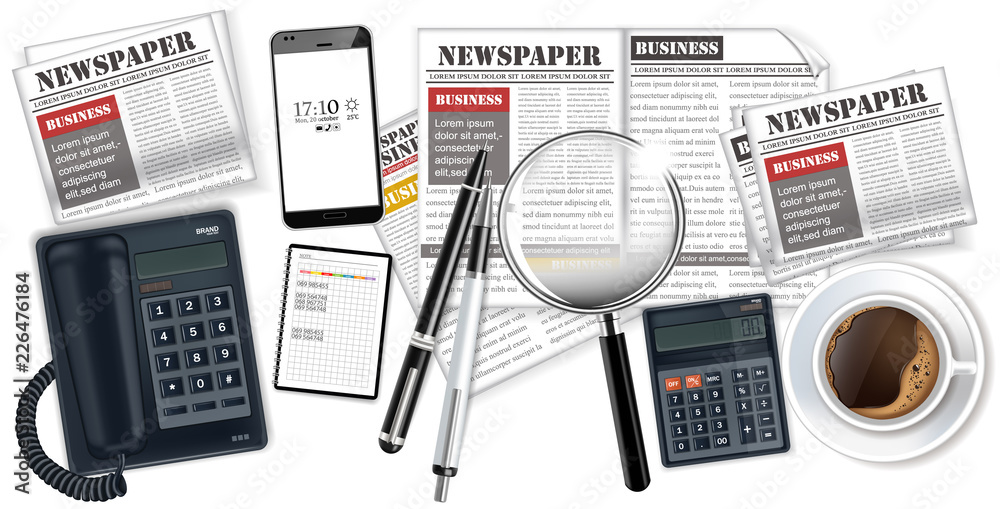 Phone, gadgets, coffee and newspapers Vector realistic set. 3d detailed illustrations
