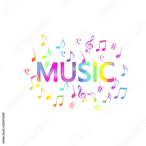 Colorful music notes banner vector illustration design. Music notes and g-clef with word music artistic poster