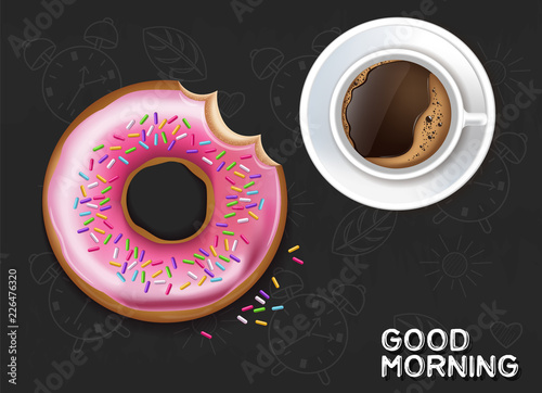 Coffee cup and donut Vector realistic. Product placement mock up. Top view 3d...