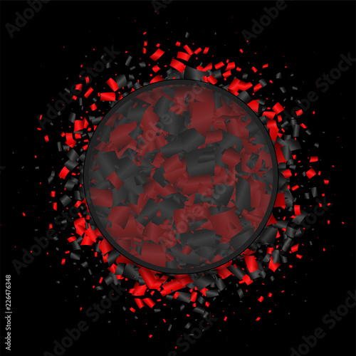Black festive background with red paper confetti.