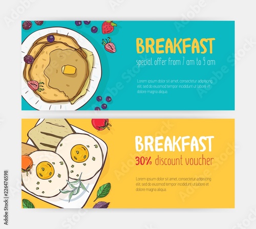 Collection of horizontal discount voucher or coupon templates with delicious breakfast meals lying on plates. Bright colored vector illustration for cafe or restaurant promotion, advertisement.