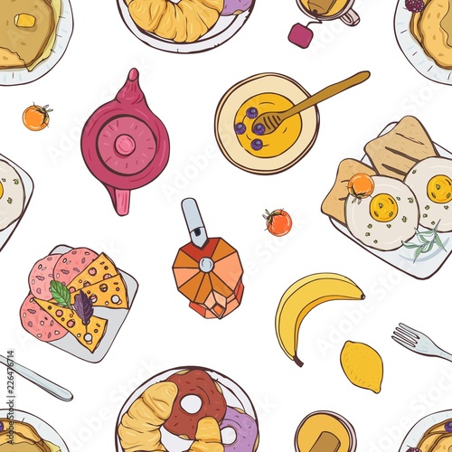 Elegant seamless pattern with appetizing breakfast meals lying on plates - sandwich, croissant, pancakes. Colored hand drawn vector illustration for wrapping paper, wallpaper, textile print.
