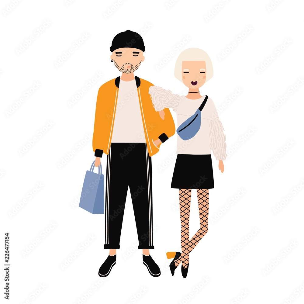 Hipster boy and girl dressed in trendy clothes standing together. Modern boyfriend and girlfriend. Cartoon characters isolated on white background. Colorful vector illustration in flat style. Hipster boy and girl dressed in trendy clothes standing together. Modern boyfriend and girlfriend. Cartoon characters isolated on white background. Colorful vector illustration in flat style.
