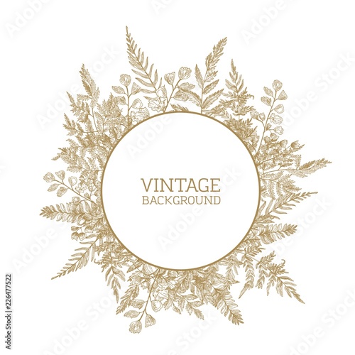 Circular botanical background, decorative frame or wreath consisted of wild forest ferns hand drawn with contour lines on white background. Elegant monochrome vector illustration in vintage style.