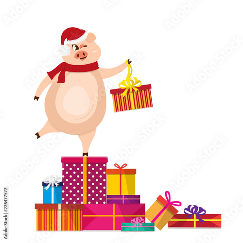 Cute pig with gift. Christmas pig cartoon vector illustration. 2019 New Year Chinese symbol. Pig is standing on the hill of gifts and winks merrily