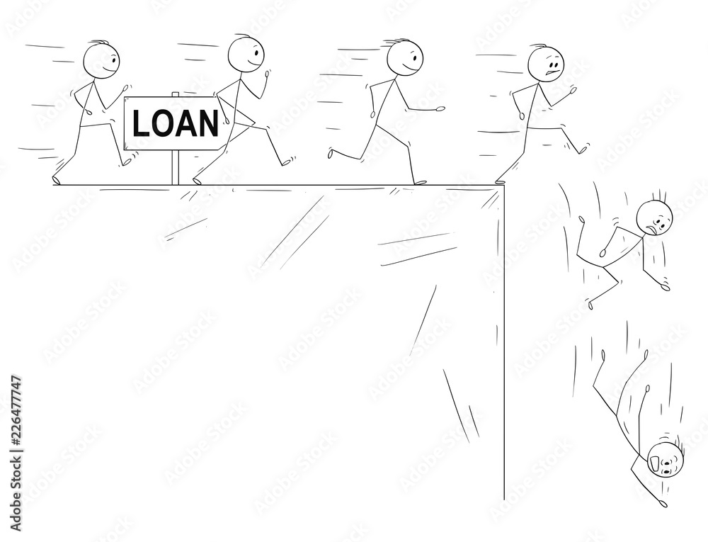 Cartoon stick drawing conceptual illustration of people taking a loan and disillusion when they can't pay it off. Metaphorical illustration of line of enthusiastic men running and finally falling down