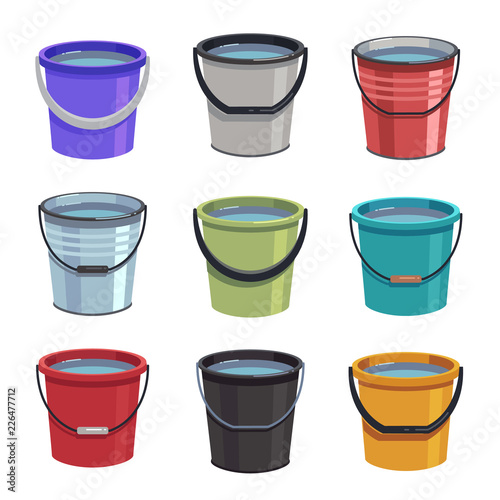 Cartoon buckets. Water pails, metal and plastic bucket. Isolated vector set. Collection of bucket container with water, pailful plastic and aluminum illustration