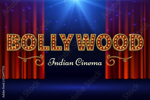 Bollywood indian film. Vintage movie poster with old stage and red curtain. Vector illustration. Bollywood cinema banner, movie cinematography industry