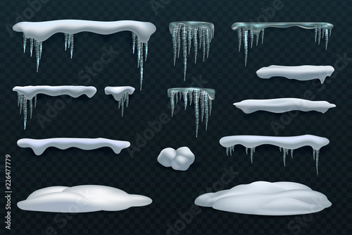 Snow elements. Snowball and snowdrift, icicles and snowcap borders. Isolated winter vector set. Illustration of snowball effect, frost snowcap