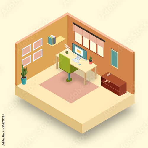 Isometric 3d model of office or home workplace with desk and computer. © svetlaborovko