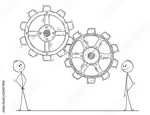 Cartoon stick drawing conceptual illustration of two men or businessmen watching working gears or cog wheels. Business concept of teamwork or company management.